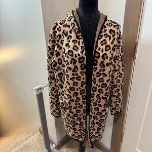 Rachel Zoe Leopard Animal Print Hooded Cardigan Open Front Sweater Black Tan L